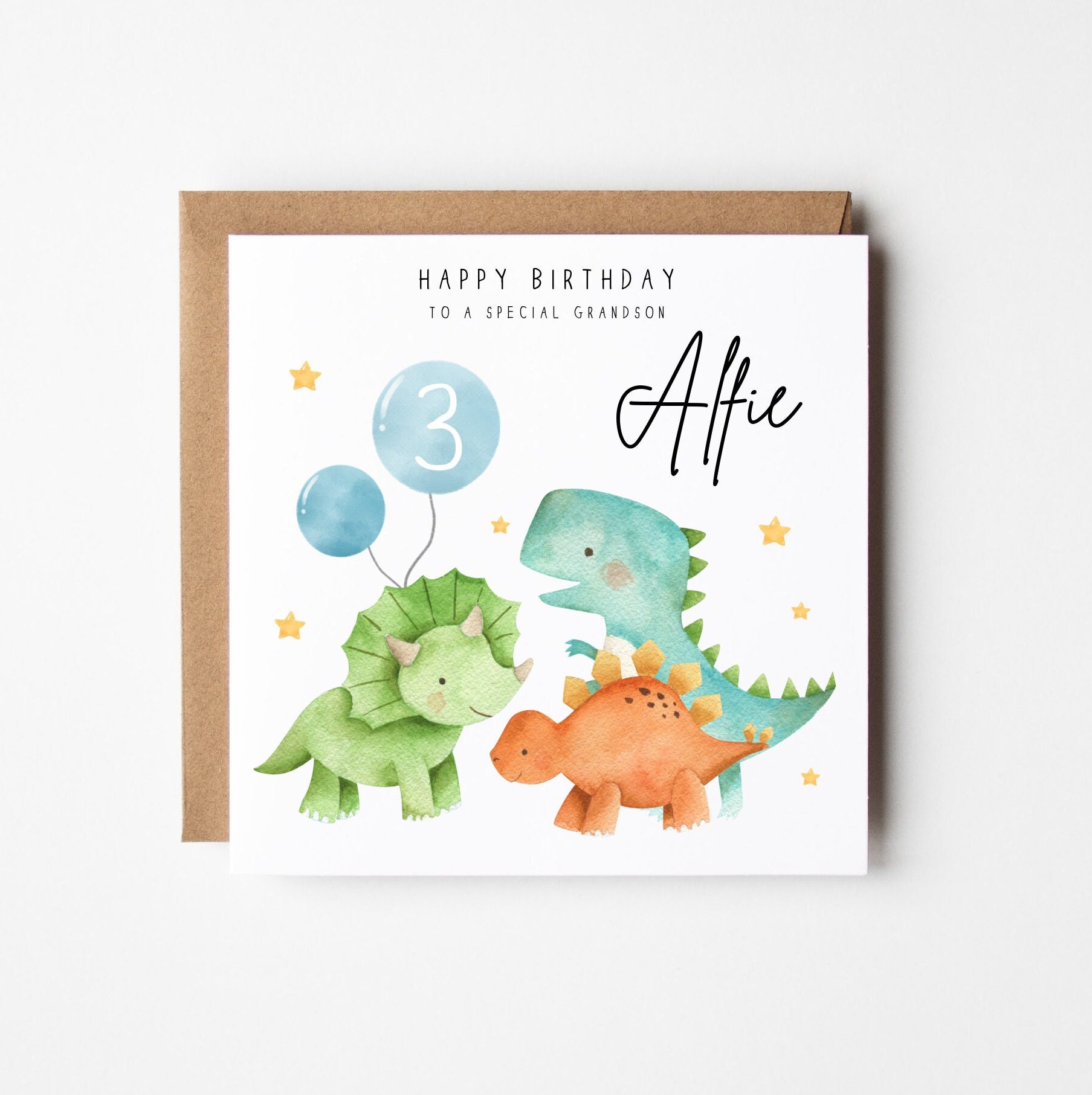 Dinosaur Birthday Card Any Age Personalised, Stegosaurus, T-Rex, Triceratops Grandson, Nephew, Son, Brother, Special little boy