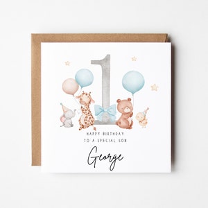 1st Birthday card personalised Son | Grandson | Nephew | Great Grandson bear balloons animals number one blue