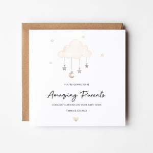 May include: A square greeting card with a brown envelope. The card features a cloud and star design with the text "You're Going to Be Amazing Parents". The card also includes the text "Congratulations on your baby news" and the names "Emma & George".