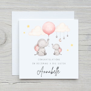 Big Sister card Personalised with name New Baby brother | sister baby elephants