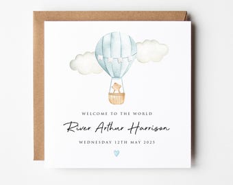 personalised New baby Boy card Welcome to the World blue Hot air Balloon