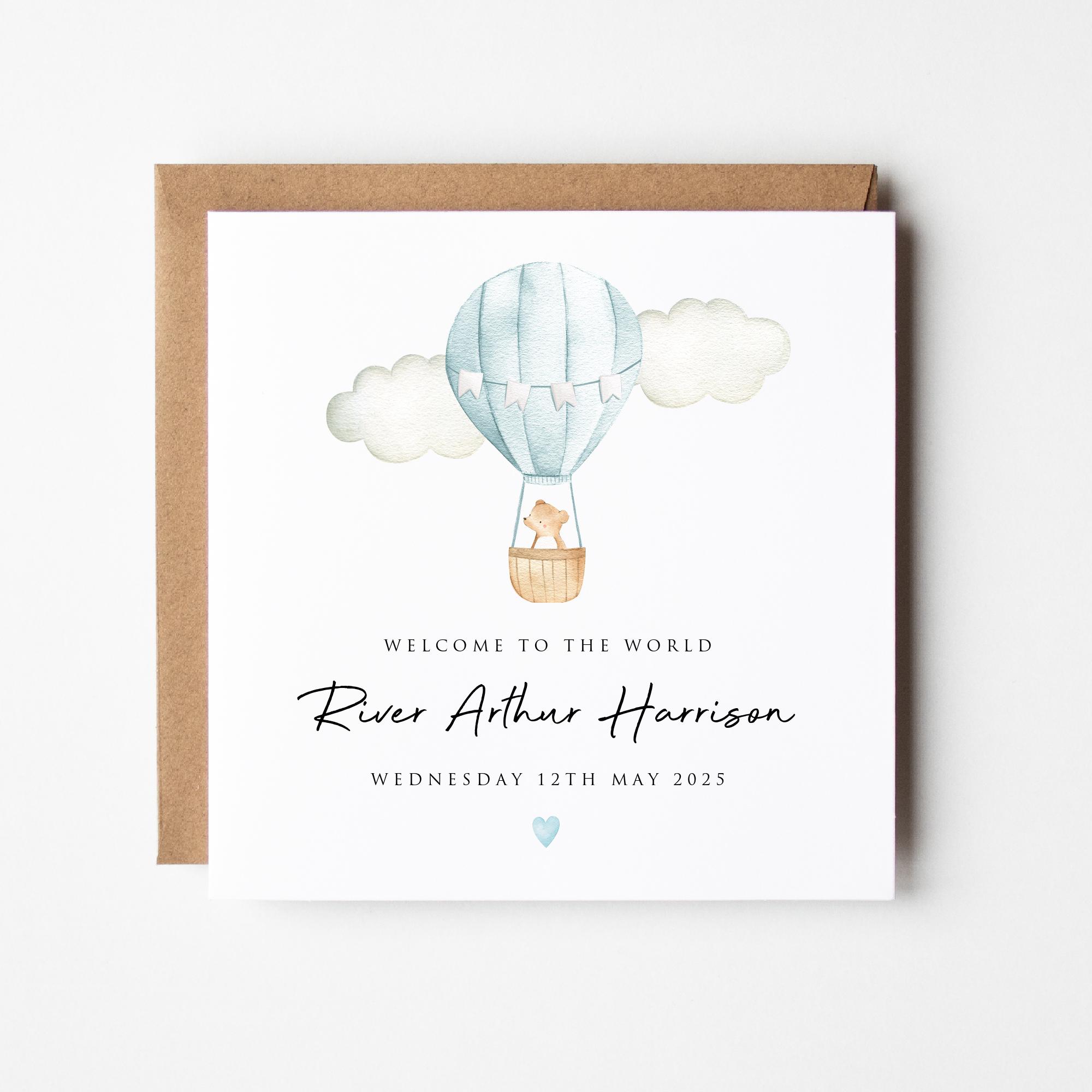 Personalised New Baby Boy Card Welcome to the World Blue Hot Air ...