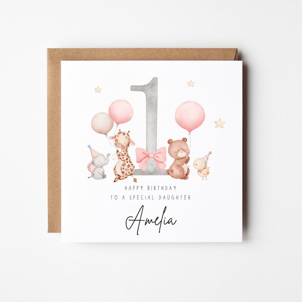 1st Birthday card personalised Daughter | Granddaughter | Niece | Great Granddaughter bear balloons animals number one pink