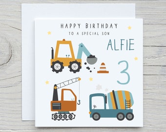 May include: A birthday card with a yellow and blue construction truck theme. The card says "Happy Birthday to a special son Alfie 3".