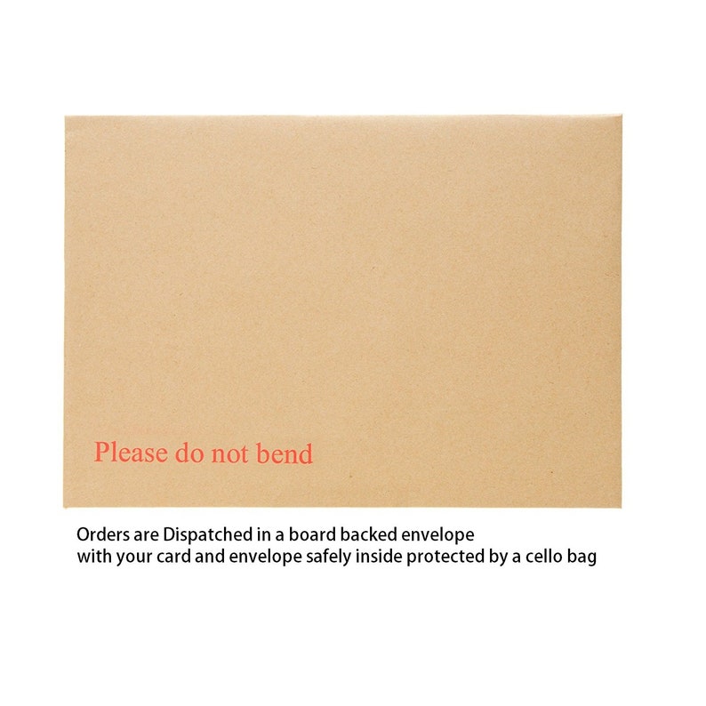 May include: A brown paper envelope with the text "Please do not bend" printed in red. The text "Orders are Dispatched in a board backed envelope with your card and envelope safely inside protected by a cello bag" is printed below the warning.