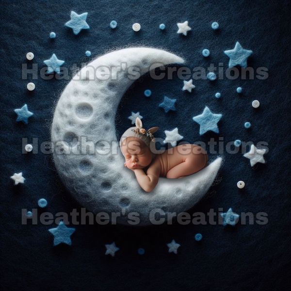 Stunning felt moon and stars newborn digital backdrop.