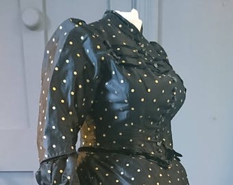 Diminutive 1890s Silk Day Dress With Gold Polka Dots - Victorian Antique Fashion