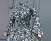 Stunning 1840s Silver Blue Silk Brocade Dress - 18th Century Silk Georgian Victorian Antique Fashion