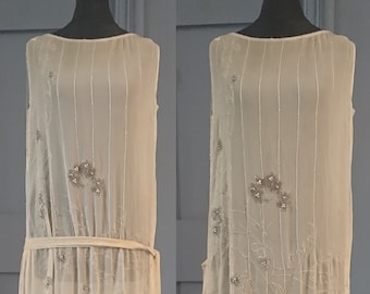 Asymmetric Art Deco 1920s Silk Flapper Dress With Beads & Diamantes - True Vintage Fashion
