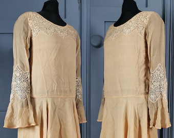 Beautiful Vintage 1920s Silk Georgette & Lace Flapper Wedding Dress - Antique Fashion