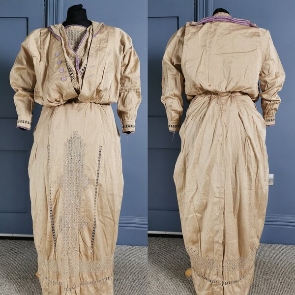 Stunning Post Edwardian / 1910s / Titanic Era Silk And Needle Lace Walking Dress