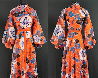 STUNNING Vintage 1960s / 1970s High Fashion Psychedelic Orange Floral Bishop Sleeve Evening Dress