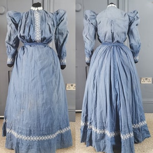 RARE Victorian / Edwardian 1890s / 1900s Antique American ' Old West ' / Cowboy Shirt Style Chambray Day dress