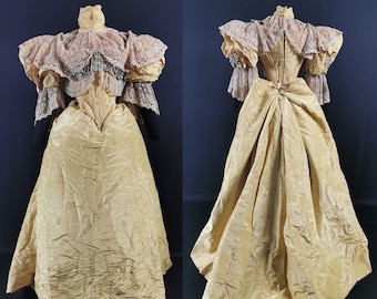 Magnificent Victorian Antique 1890s 3 Piece Yellow Watered Silk Beaded Evening Dress / Ball Gown