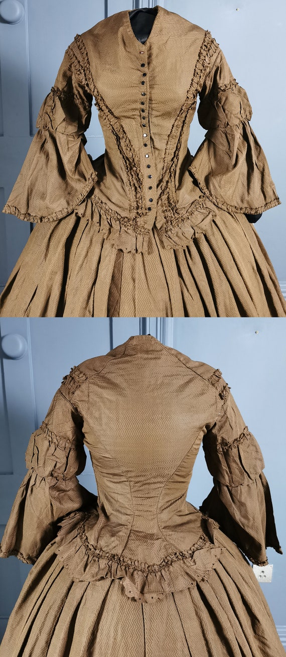 Victorian Antique 1850s Pagoda Sleeve Crinoline Silk Day Dress