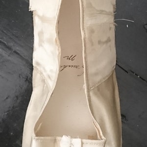 May include: A white satin ballet slipper with a small white bow on the front. The slipper is turned inside out, showing the stitching and lining. The words "Graceful" and "Ill" are written in black ink on the inside of the slipper.