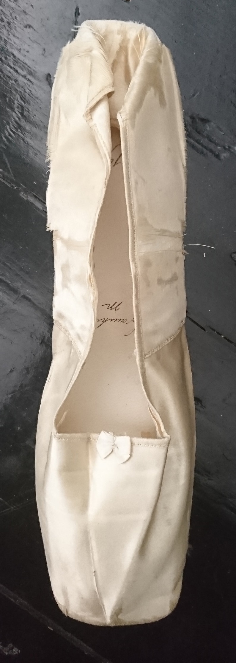 May include: A white satin ballet slipper with a small white bow on the front. The slipper is turned inside out, showing the stitching and lining. The words "Graceful" and "Ill" are written in black ink on the inside of the slipper.