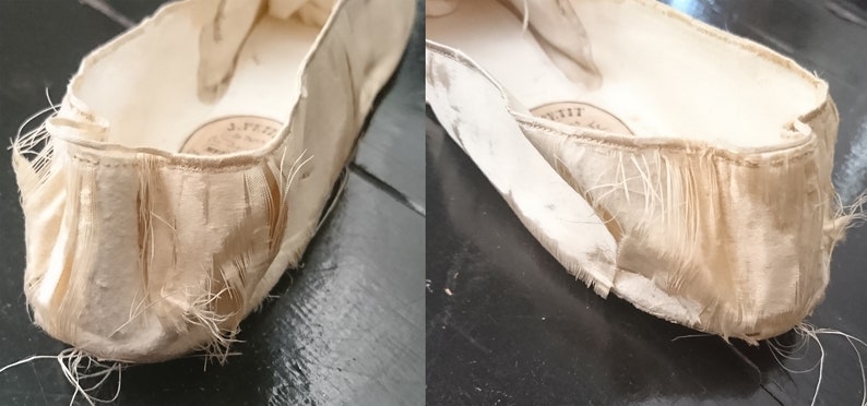 May include: Close-up of the inside of a cream-colored ballet slipper with frayed edges. The slipper is made of a soft, delicate fabric and has a label that reads "J. Petit, Paris".