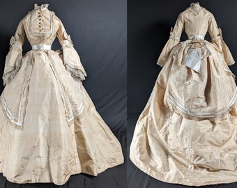 Espectacular vestido victoriano antiguo de seda de cuatro piezas de la época de crinolina de los años 1850/1860