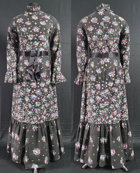 STUNNING Vintage 1970s Does Victorian Ditsy Floral Print Victoriana Evening Dress - Donerica
