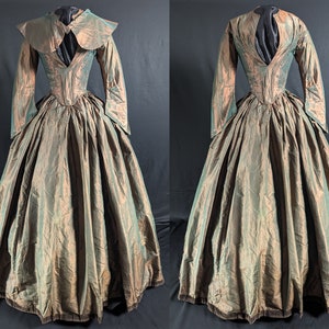 Lustrous Victorian Antique Fashion 1840s Three Piece Two Tone Silk Dress With Pelerine