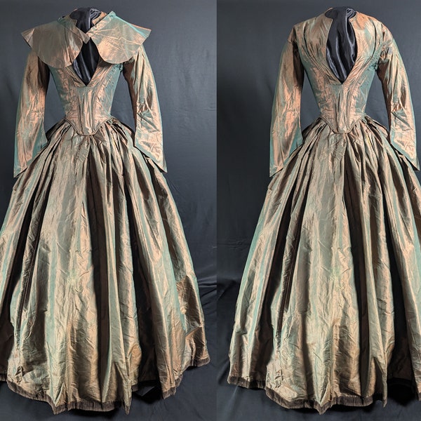 Lustroso vestido victoriano de seda de dos tonos de tres piezas de moda antigua de la década de 1840 con Pelerine