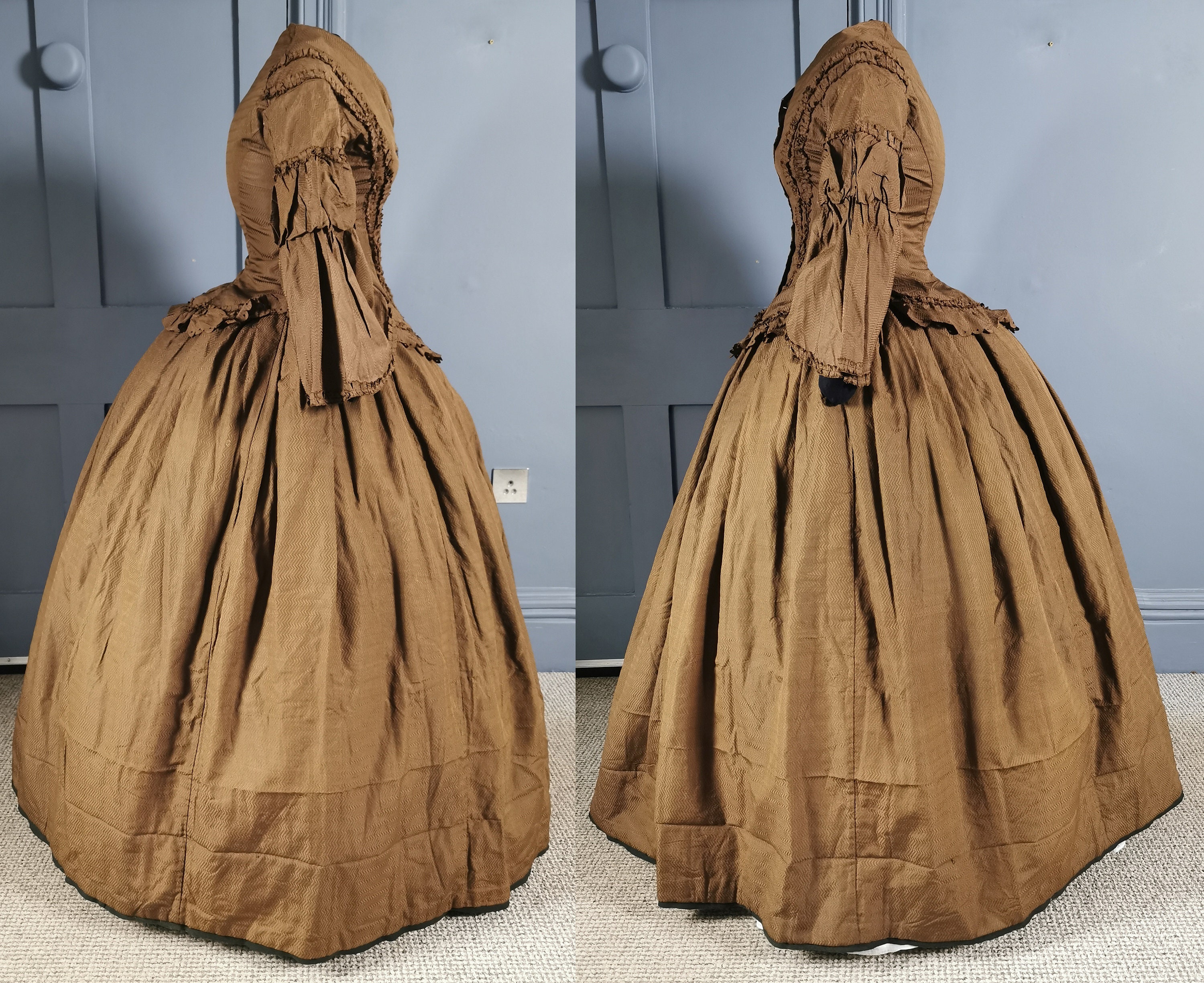 ✭ビクトリアンドレス✭アンティークシルクドレス✭ 1850年代のビクトリア朝アンティークパゴダスリーブクリノリンシルク