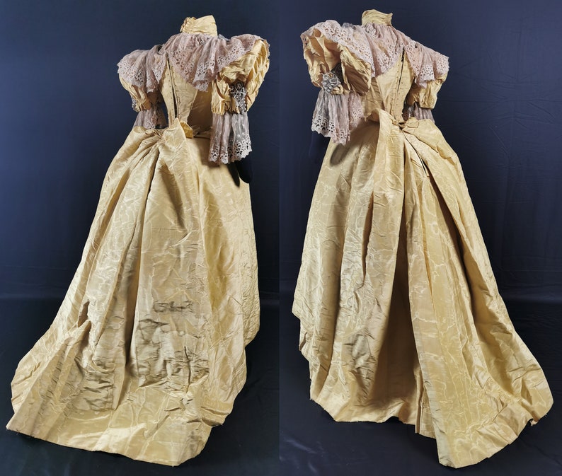 Magnificent Victorian Antique 1890s 3 Piece Yellow Watered Silk Beaded ...