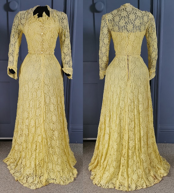 Vibrant Vintage 1930s / 1940s Yellow Lace Evening… - image 1