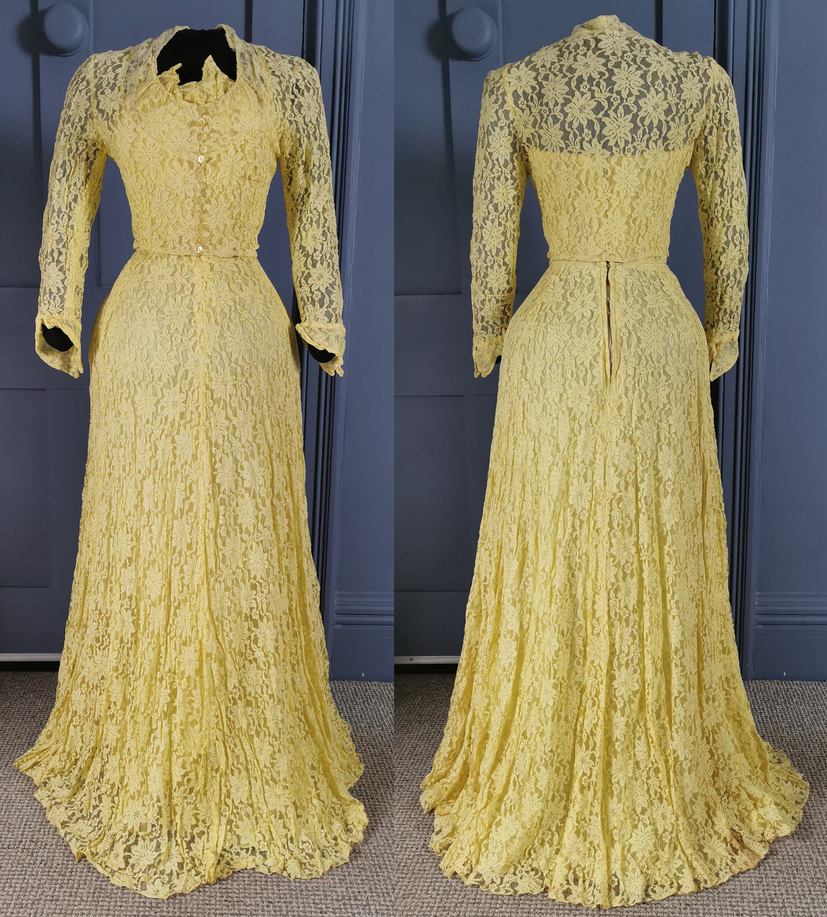 Vibrant Vintage 1930s / 1940s Yellow Lace Evening Dress With Vibrant Vintage 1930s / 1940s Yellow Lace Evening Dress With
