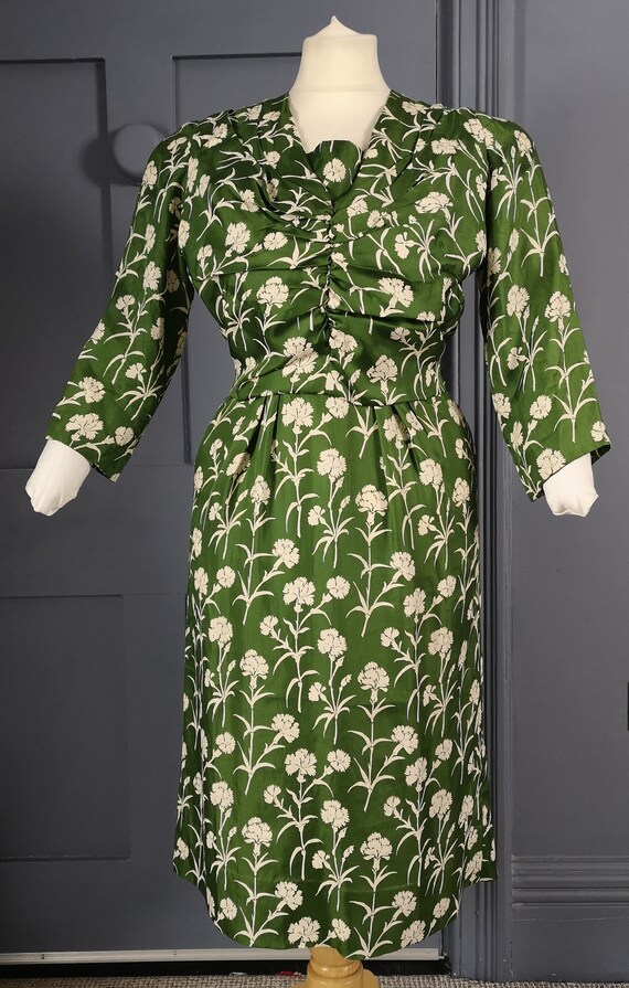 Green Graphic Print Vintage 1940s / 1950s Pure Si… - image 3
