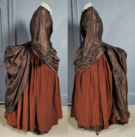 Victorian Antique Mid 1880s Silk & Wool Bustle Da… - image 1