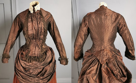 Victorian Antique Mid 1880s Silk & Wool Bustle Day Dr… - Gem