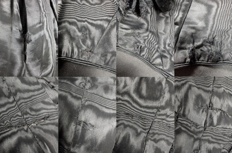 May include: Close-up of sections of a dark gray fabric with a subtle, wavy pattern. The fabric appears to be damaged, with visible tears and frayed edges. The image is a detailed study of the textile's texture and condition.