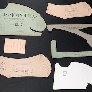 Pode incluir: Uma coleção de ferramentas e padrões de costura vintage, incluindo um grande gráfico rotulado como "The Cosmopolitan System of Scientific Dresscutting" de 1887. Outras peças incluem gráficos de mangas e um pequeno livreto de instruções. As ferramentas são bege e verdes.