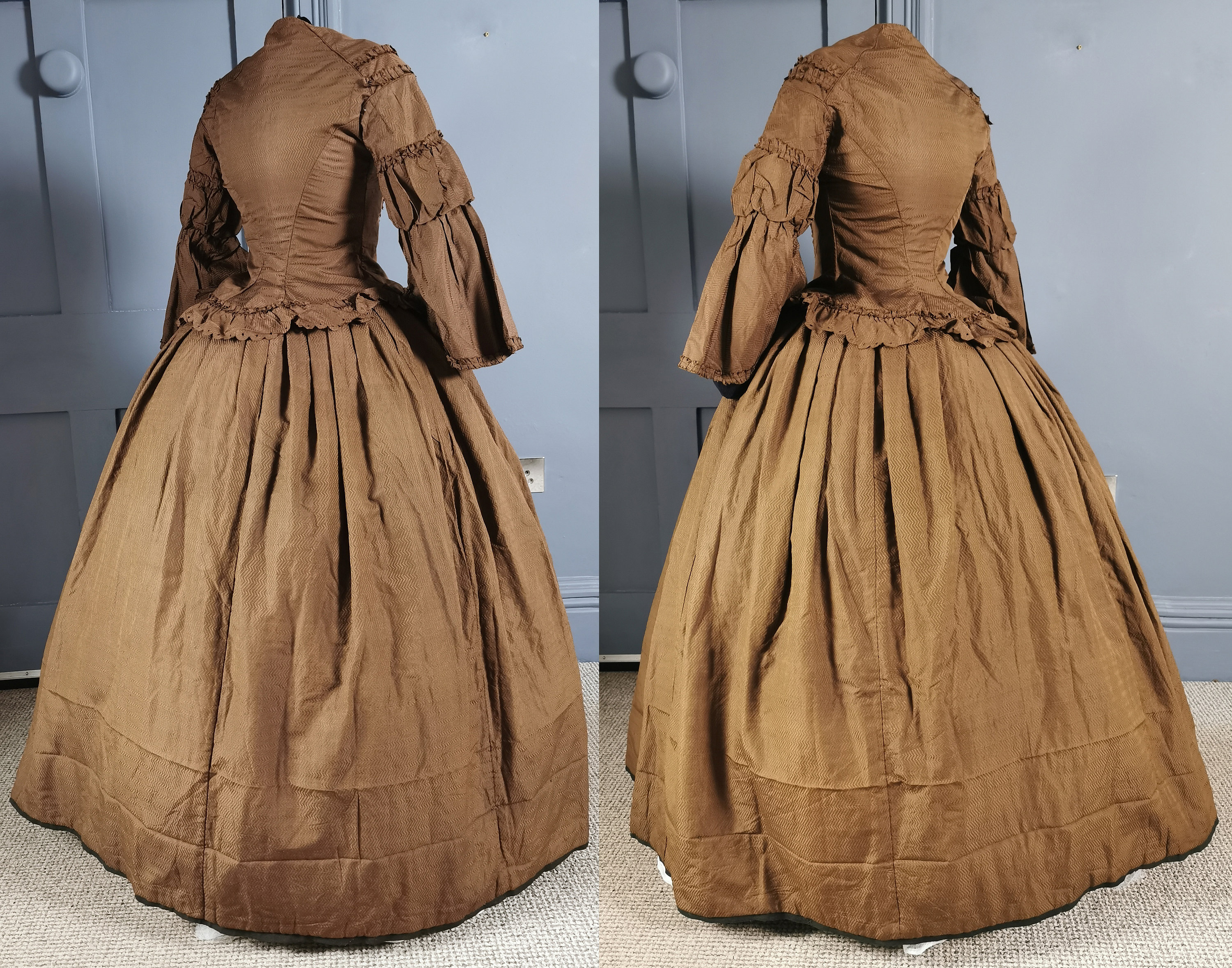 Victorian Antique 1850s Pagoda Sleeve Crinoline Silk Day Dress 