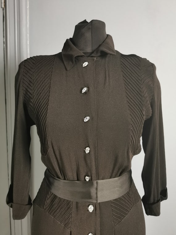 Stylish Vintage 1930s / 1940s Black Silk Button T… - image 3