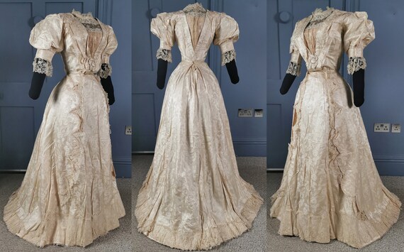 Exquisite Edwardian / Early 1900s Silk Damask Wed… - image 3
