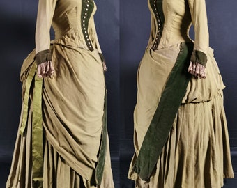 Victorian Antique Fashion 1880s Green Wool Asymmetric Bustle Dress