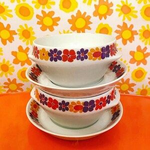 2 Vintage Hutschenreuther Novum Soup Bowls Dessert Bowls Saucers Flowers Flower Power Floral 60s 70s German West German Retro