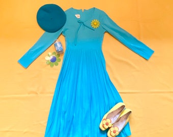 Vintage Maxi Jurk Baby Blauwe Plissé Rok Plooien Sleutelgat Tie 60s 70s Twiggy Mod Hippie S