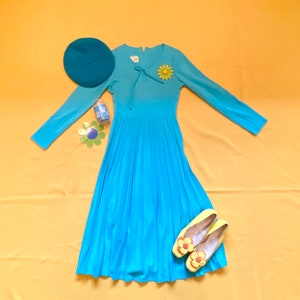 Vintage Maxi Dress Baby Blue Pleated Skirt Pleats Keyhole Tie 60s 70s Twiggy Mod Hippie  S