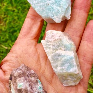 May include: Three rough, natural, green and white amazonite crystals. The crystals are various sizes and shapes.