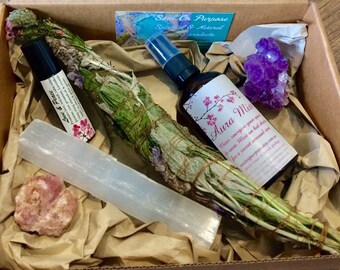 Caja de regalo Boho Crystal, aromaterapia, sahumerio de salvia, bruma aura