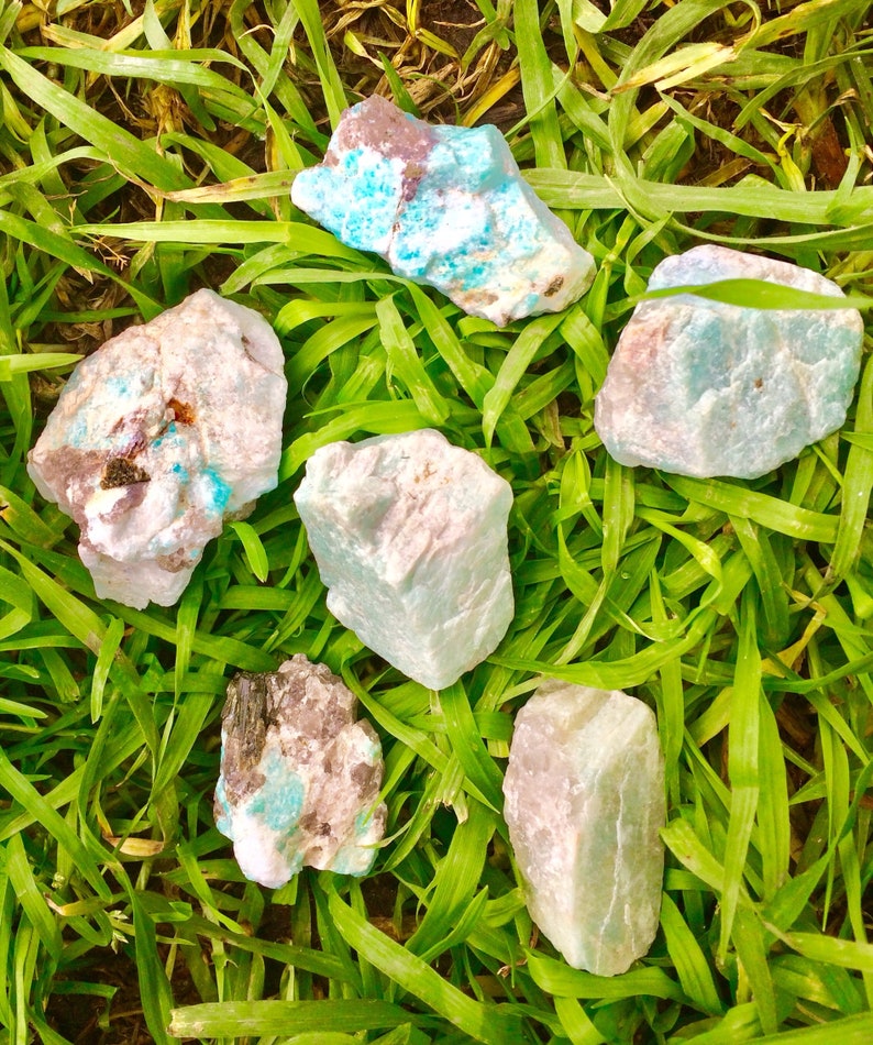 May include: Six rough, natural amazonite stones in various shapes and sizes, with a green and blue color, on a bed of green grass.