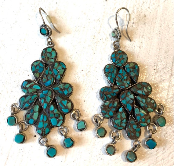 Long Turquoise Earrings Old Vintage Indian Chandel