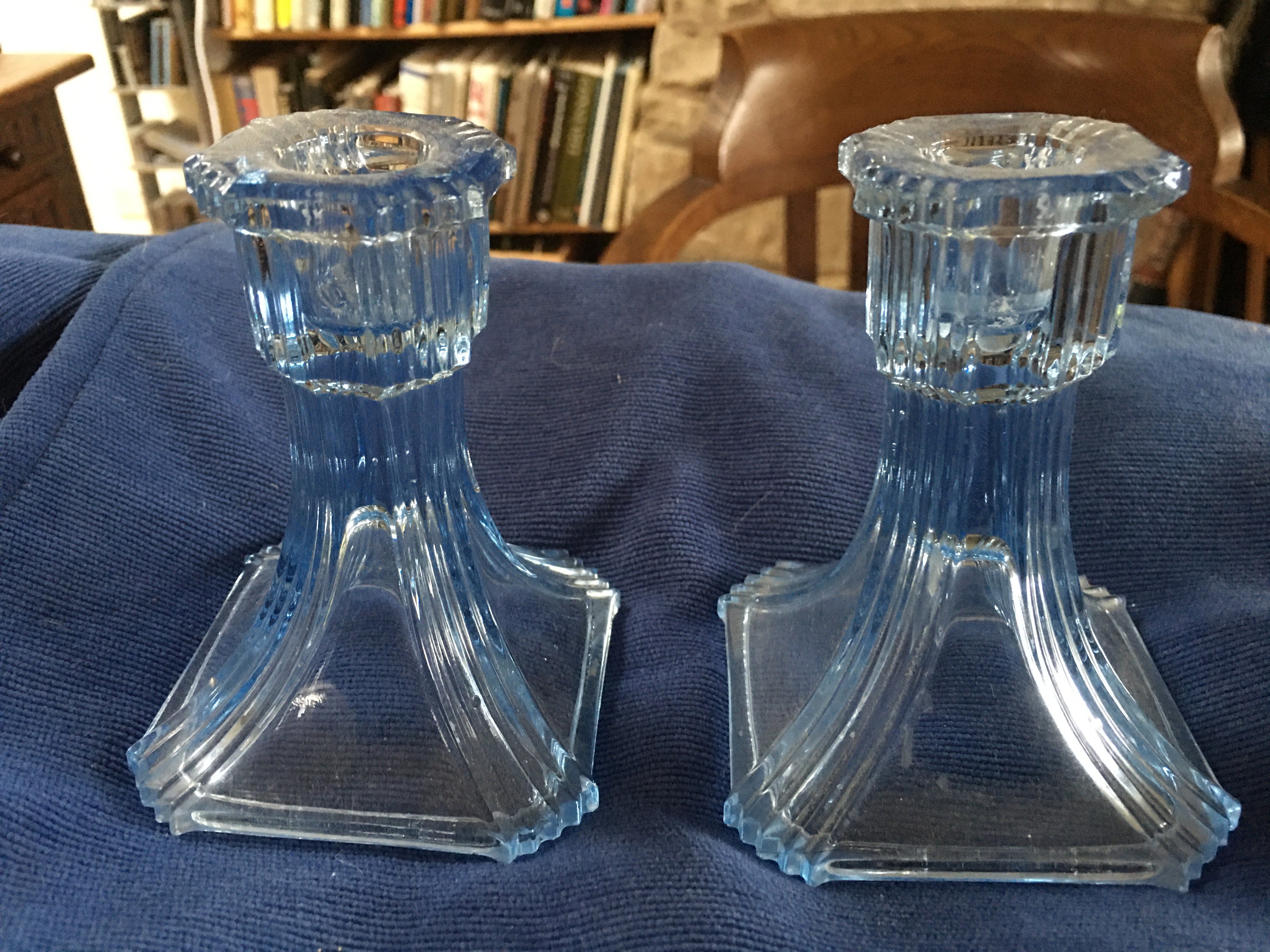 Pair of vintage blue glass candlestick holders Etsy