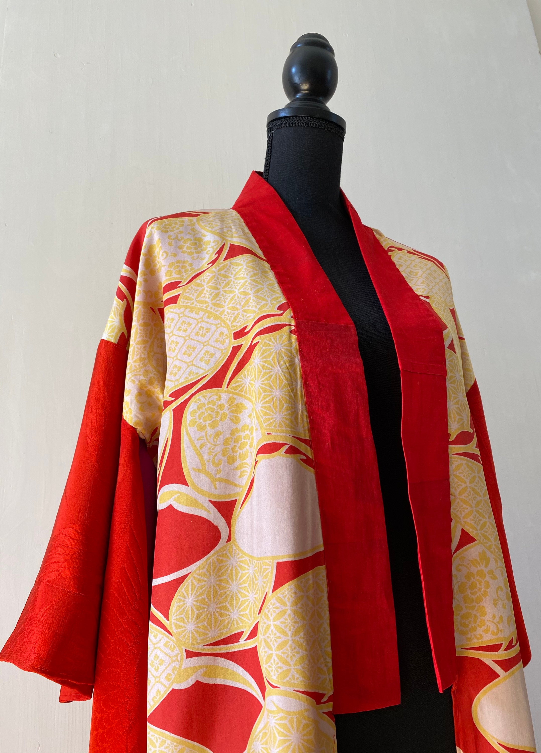 Bright Red Yellow Silk Geisha Girl Long Kimono Robe Authentic Etsy