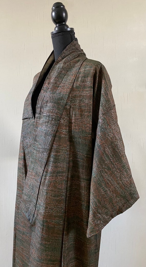 Deep Green Impressionistic Long Kimono Robe Authentic Japanese Vintage