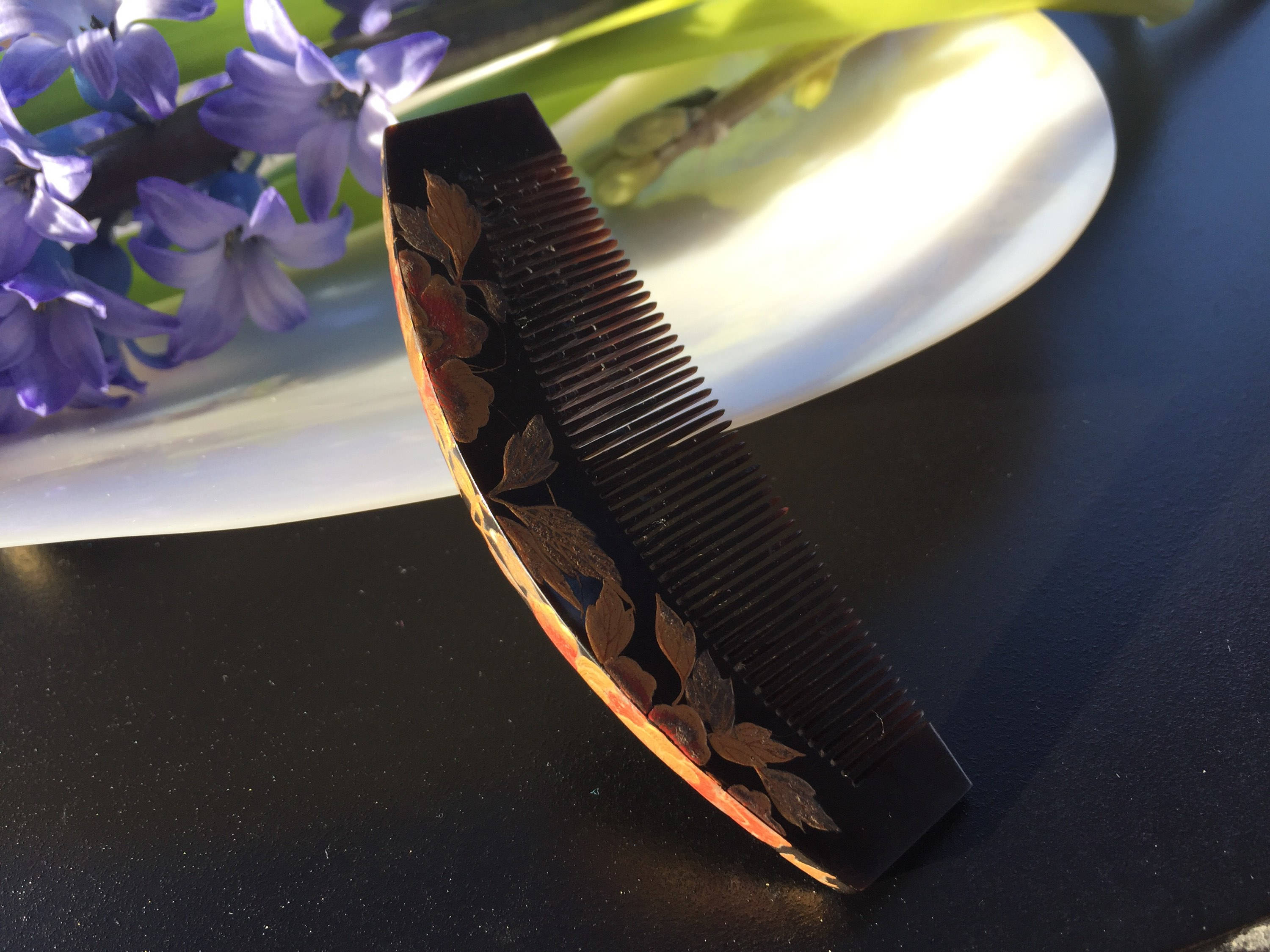 Japanese antique handmade wood and gold comb Comb Japanese comb Gold lacquer hair accessories Japanese  main image 2